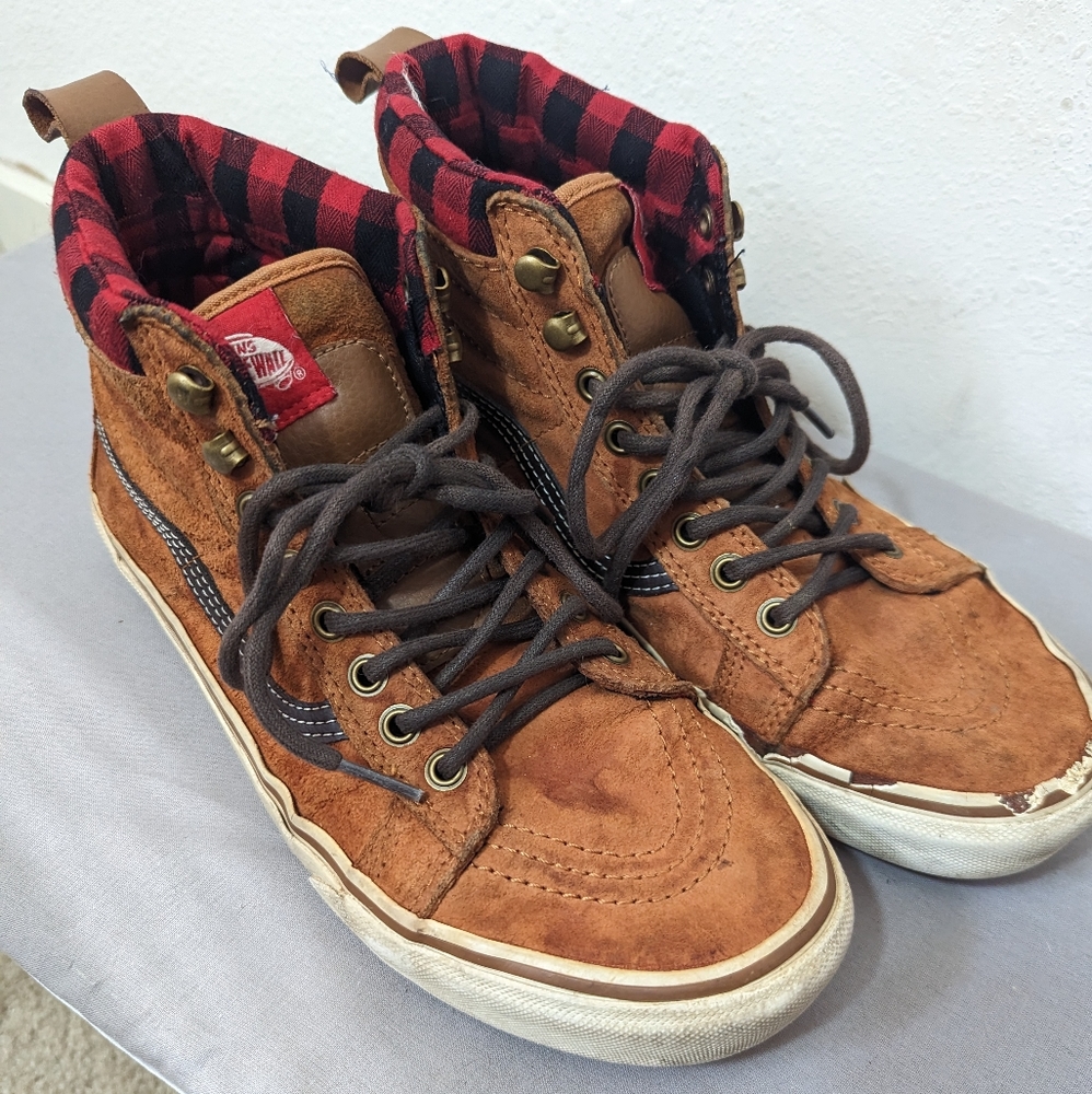 Vans Sk8-Hi MTE Shoes Scotchgard 3M Suede Glazed Ginger Plaid Top Men's Size 8.5